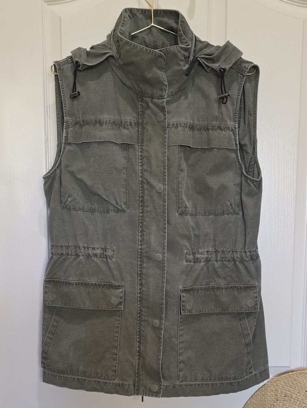DKNY Olive Army Green Sleeveless Utility Military Vest Hidden Hood Small
